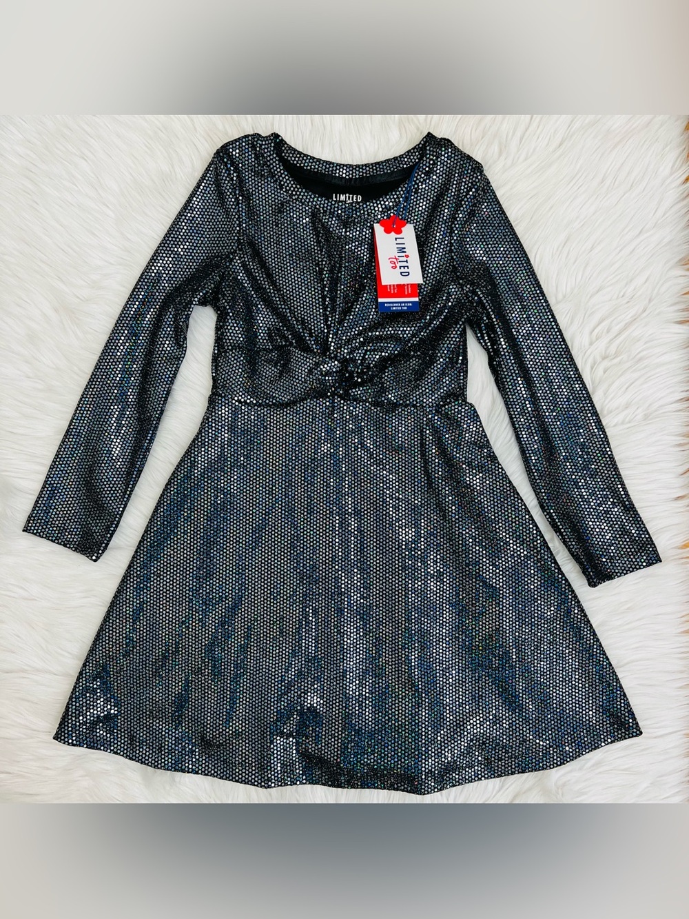 NWT! Limited Too Twist Front Dress Disco Dot Metallic Shimmer Sz S 7/8